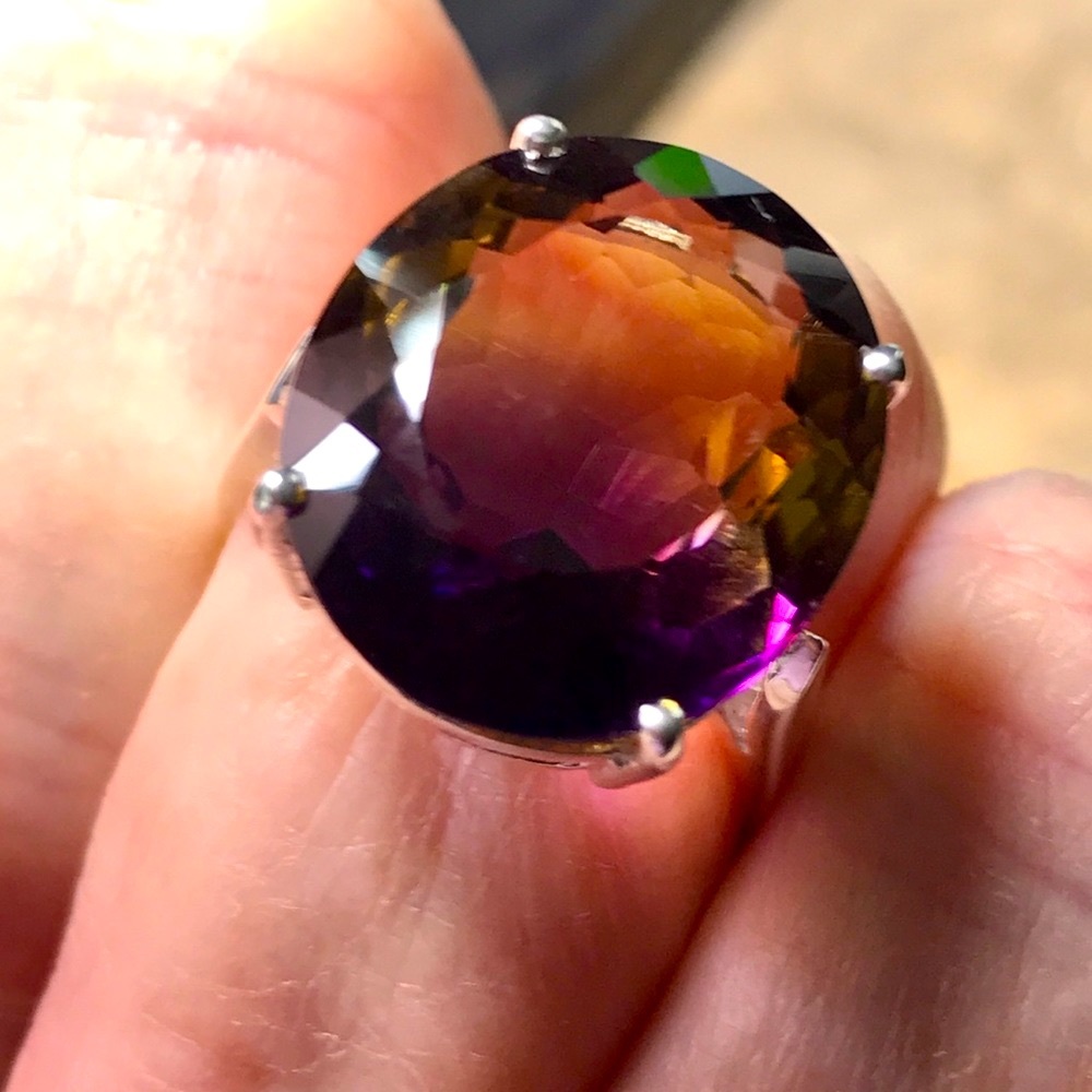 GENUINE PURPLE YELLOW AMETRINE 15.30 CT. 925 SILVER RING size 7.75